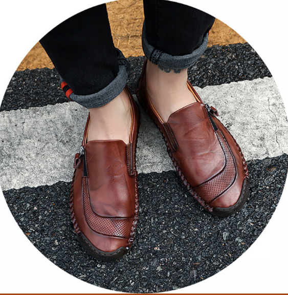 Zapatos de cuero con cremallera y pespuntes a mano slip on para hombres y mujeres - MXbueno