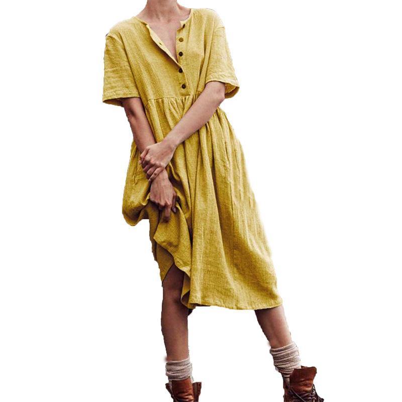2020 verano europeo nuevo vestido de algodón de manga corta de color sólido para mujer - MXbueno
