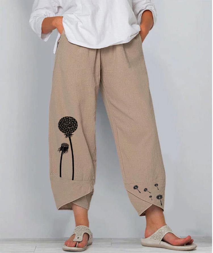 Verano casual de algodón lino suelto estampado pantalones de patas anchas - MXbueno