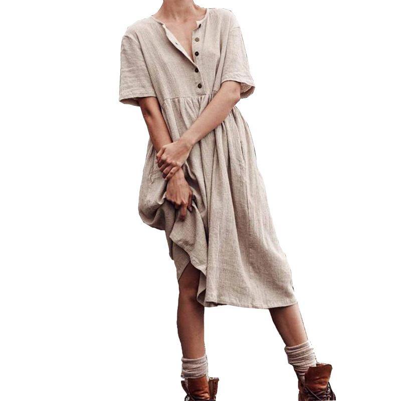 2020 verano europeo nuevo vestido de algodón de manga corta de color sólido para mujer - MXbueno