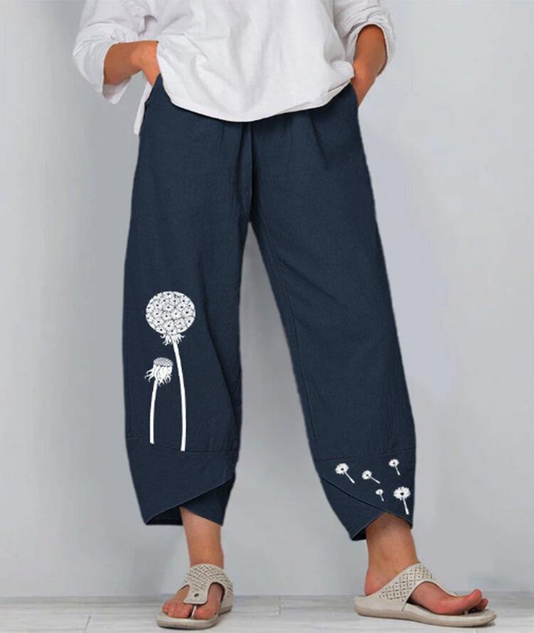 Verano casual de algodón lino suelto estampado pantalones de patas anchas - MXbueno