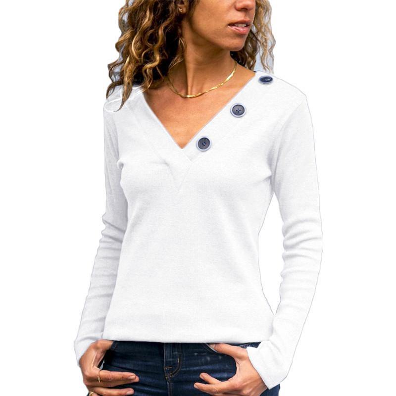 La camiseta casual de manga larga de color sólido con botones de cuello en V - MXbueno