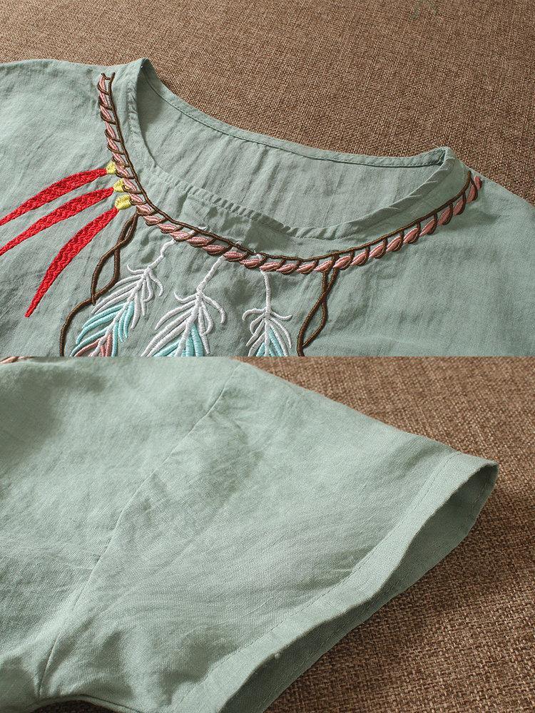 Camiseta mexicana de manga corta y lino con dibujo de pluma - MXbueno