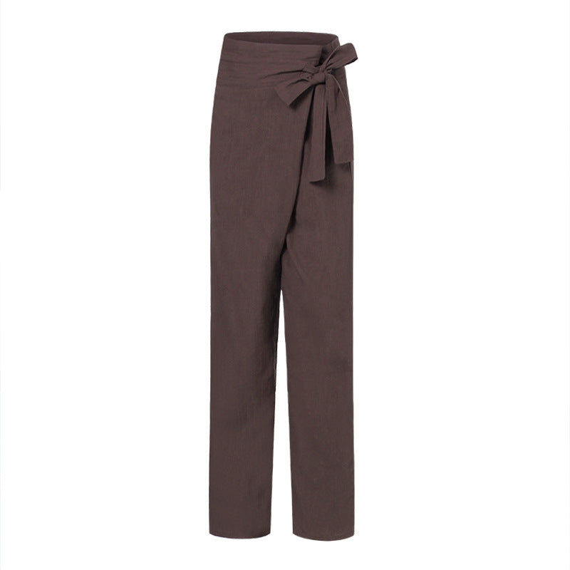 Primavera Y Otoño Pantalones Casuales De Algodón Y Lino De Color Sólido Con Hebilla De Cintura Alta Para Mujer