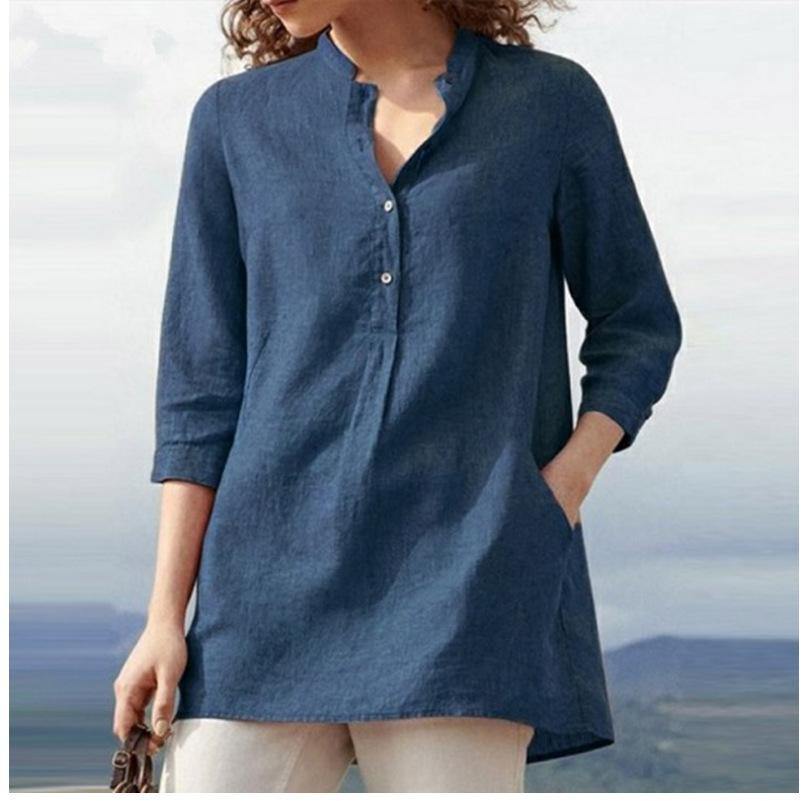 Camisa de algodón con cuello alzado y manga tres cuartos en color liso - MXbueno