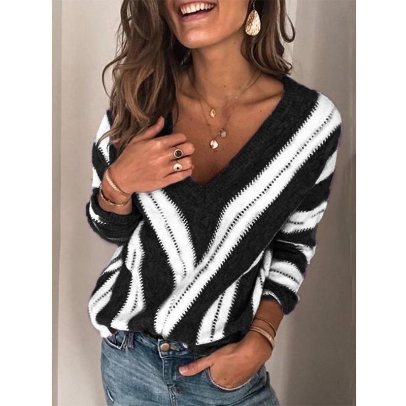 Stripe V-cuello manga larga más tamaño suéter para mujer