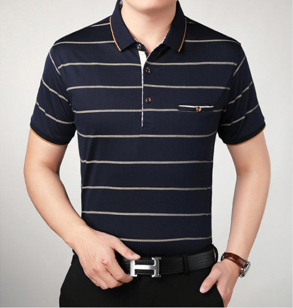 Camiseta de POLO con manga corta para hombre Finas rayas de algodón - MXbueno