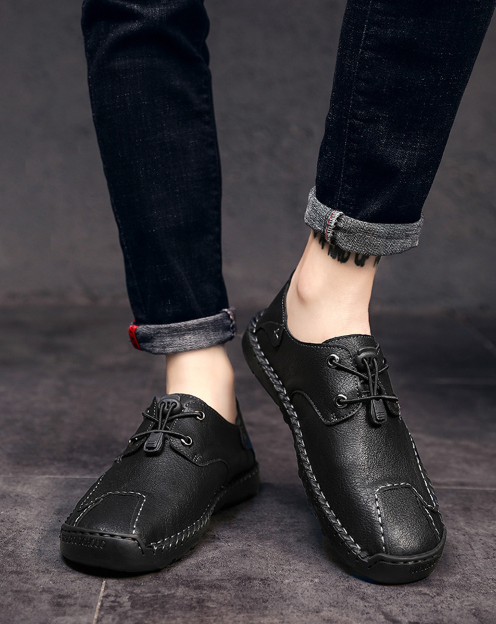 Menico Zapatos casuales de encaje elástico antideslizante de cuero cosido a mano para hombre - MXbueno