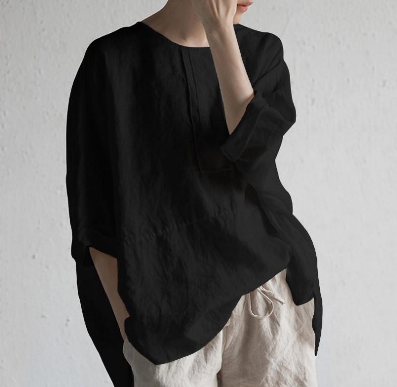 Camiseta Casual De Mezcla de algodón Y Lino Con Cuello Redondo Para Mujer