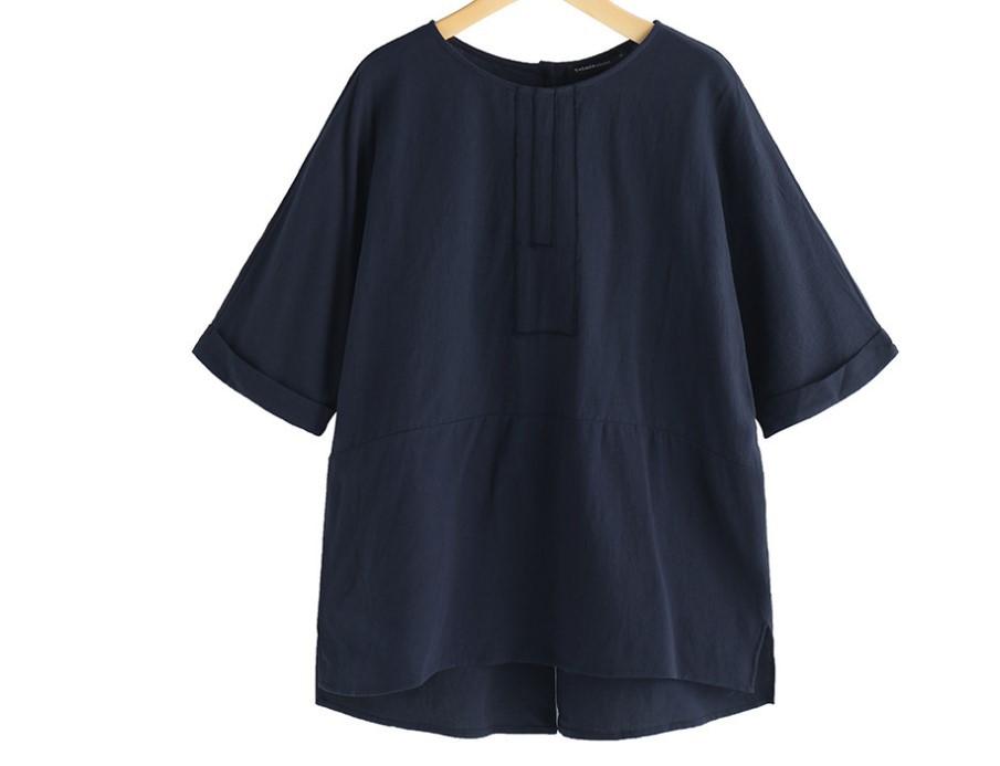 Camiseta Casual De Mezcla de algodón Y Lino Con Cuello Redondo Para Mujer