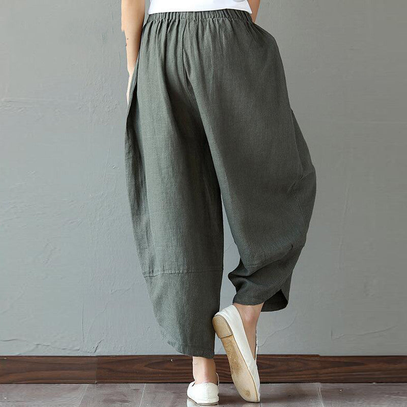 Vintage mujeres Patchwork Pokcet cintura elástica pantalones de pierna ancha y lino