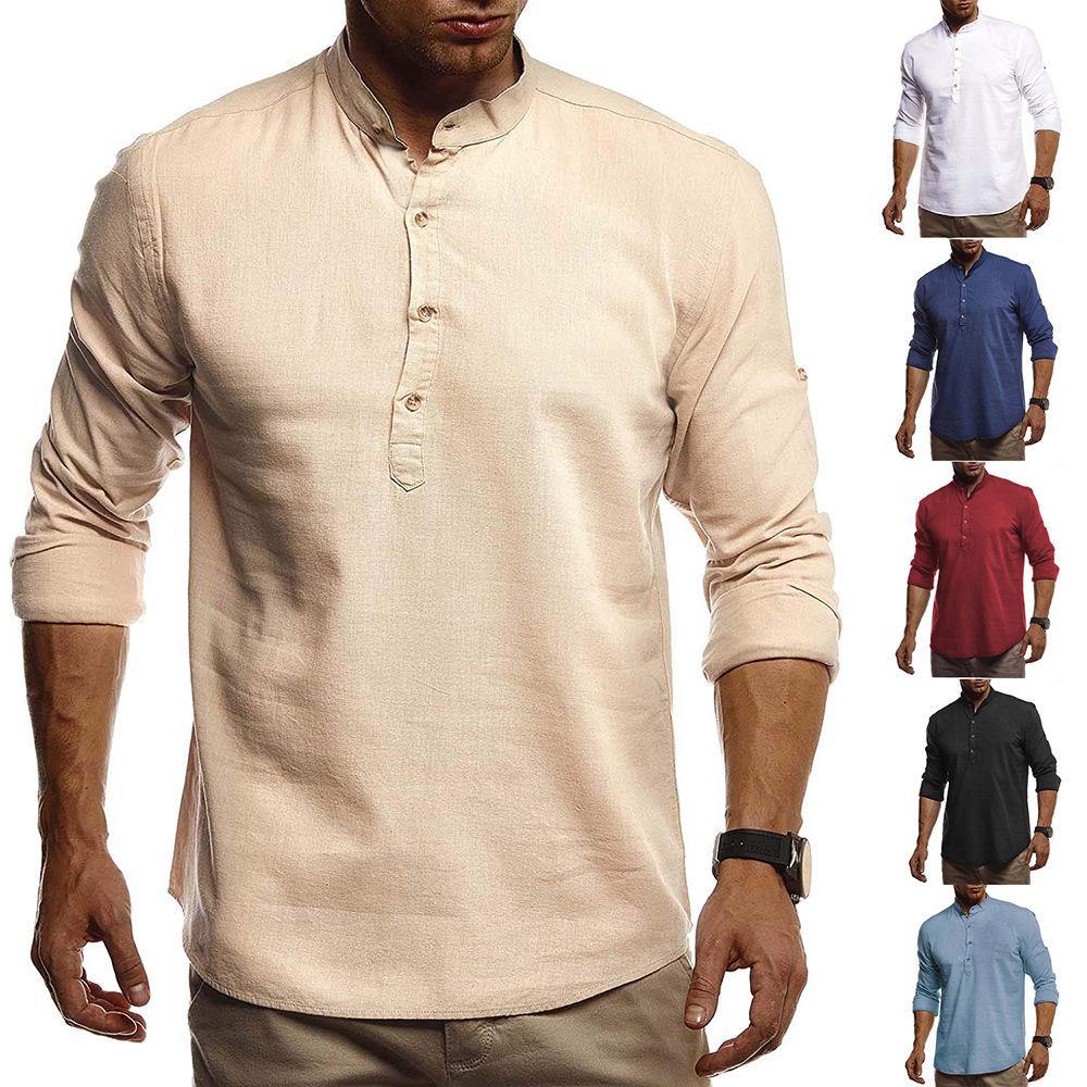 Camisa de algodón y lino de manga larga con cuello alto - MXbueno