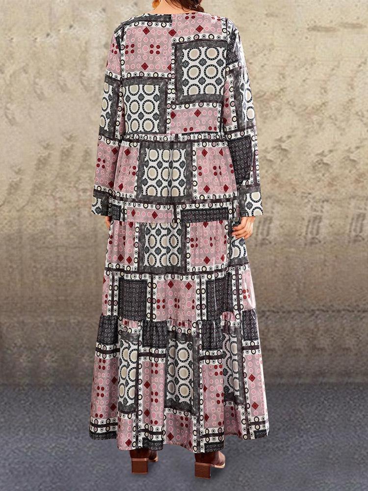 Vestido estampado étnico con cintura de moda de otoño de 2020 cuello redondo falda femenina suelta con gran swing - MXbueno