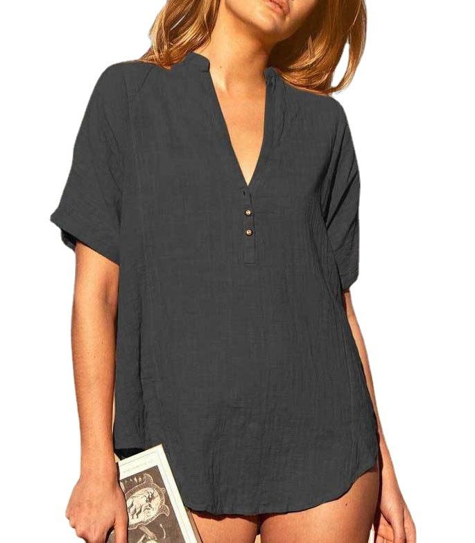Camisa casual de algodón y lino en color liso para mujer