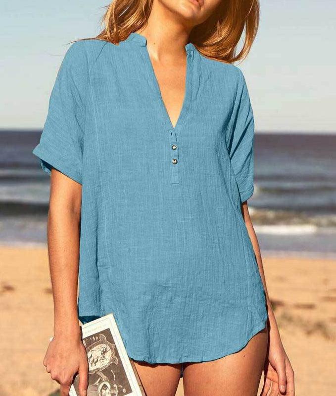 Camisa casual de algodón y lino en color liso para mujer