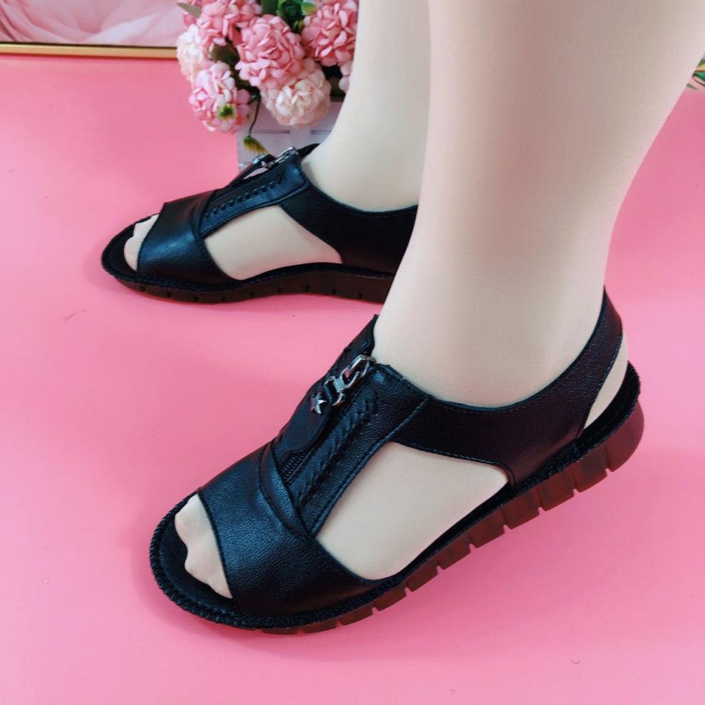 [W-Zapato] Sandalias Con Cremallera Planas De Piel Suave Y Suela Confort