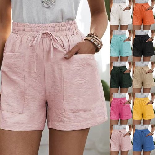 [W-Ropa] Pantalones Cortos Casuales De Algodón Y Lino Sueltos Con Dos Bolsillos De Color Liso Para Mujer