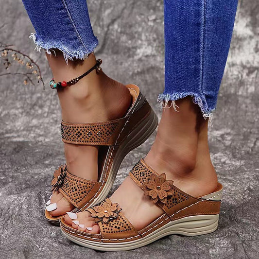 [W-Zapato] Sandalias De Chancletas Con Flores De Diamantes De Imitación Zapatillas De Cuña Con Plataforma