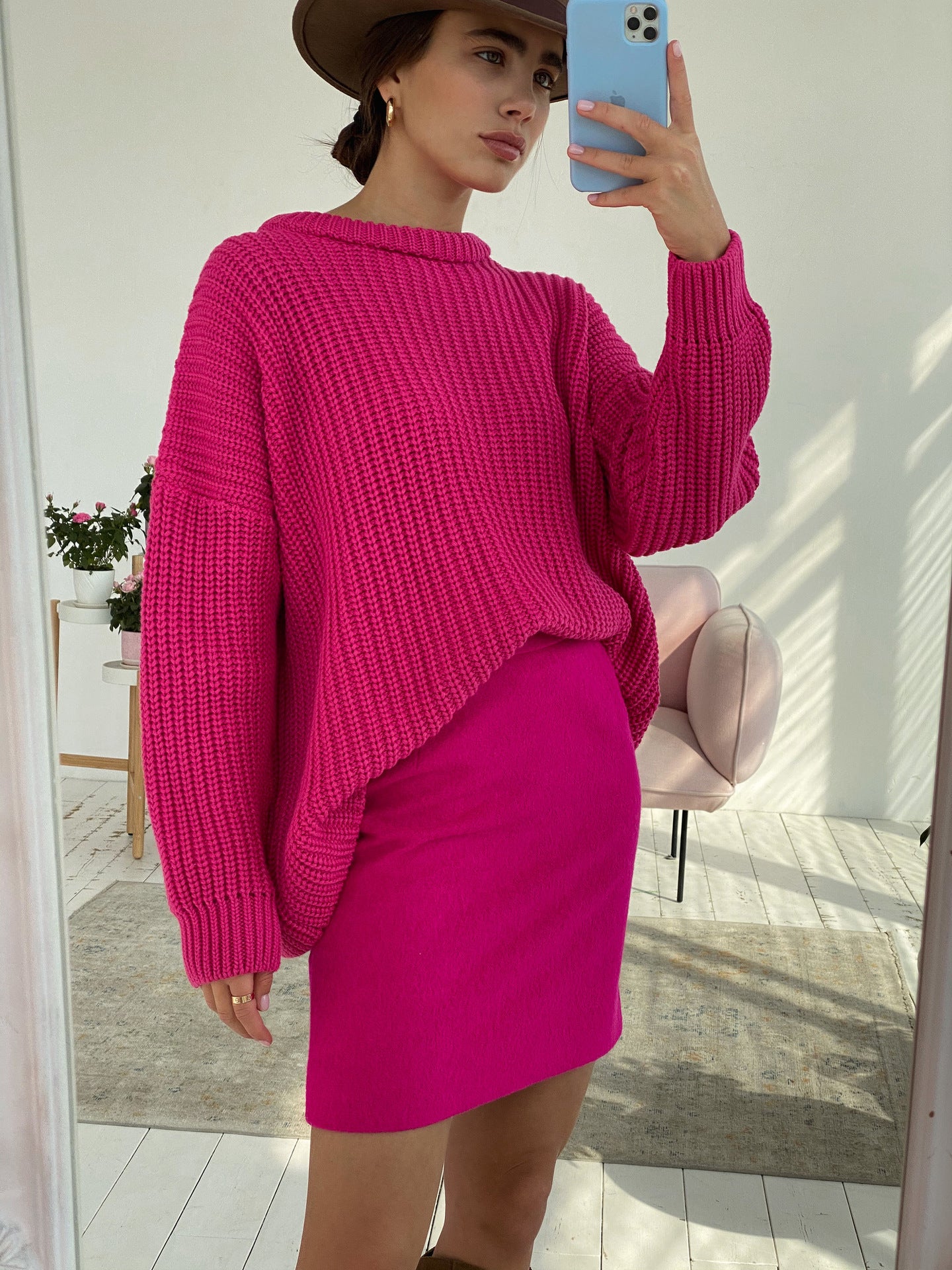 Suéter De Gran Tamaño Suelto Color Caramelo Suéter De Cuello Redondo Ropa De Mujer
