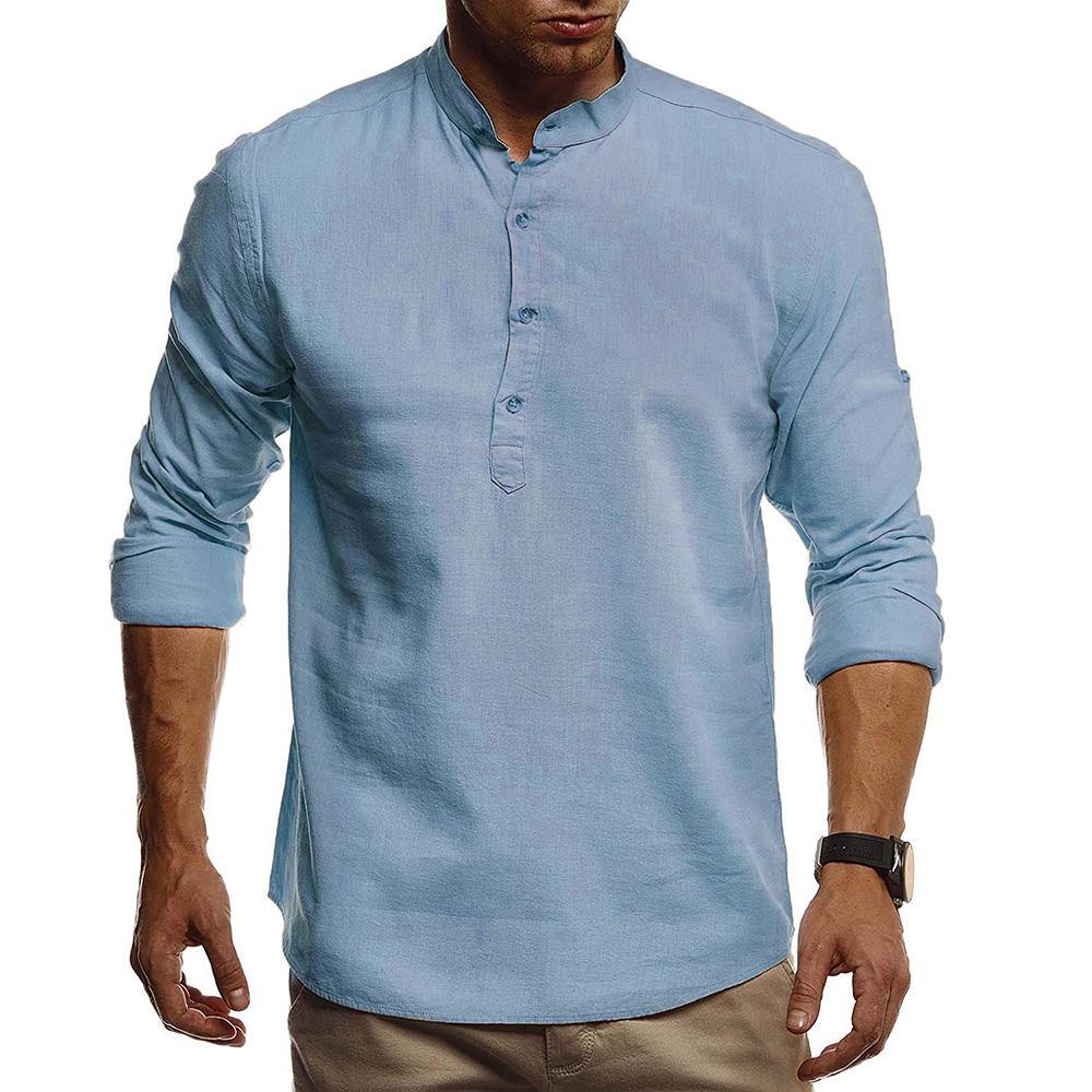 Camisa de algodón y lino de manga larga con cuello alto - MXbueno