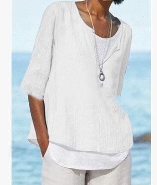 Camisa de mujer con cuello de pico de algodón y lino de color liso