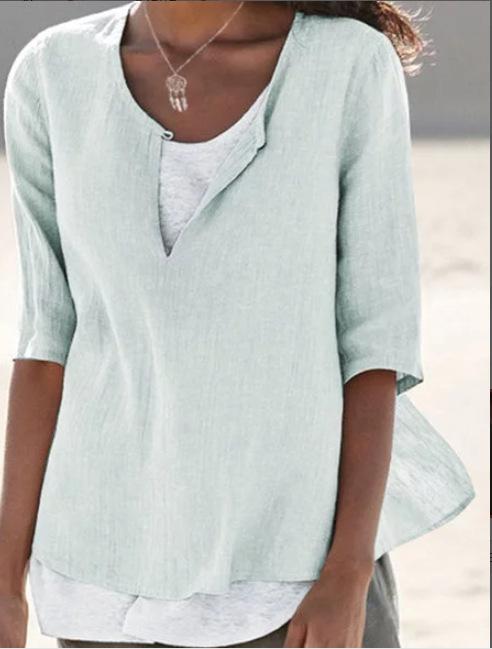 Camisa de mujer con cuello de pico de algodón y lino de color liso
