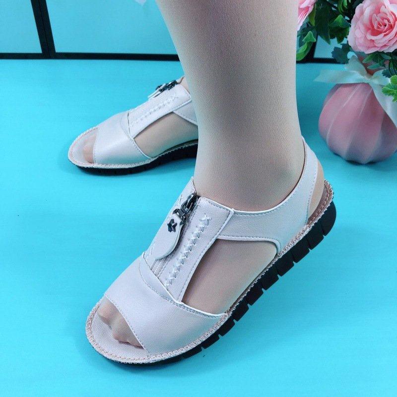 [W-Zapato] Sandalias Con Cremallera Planas De Piel Suave Y Suela Confort