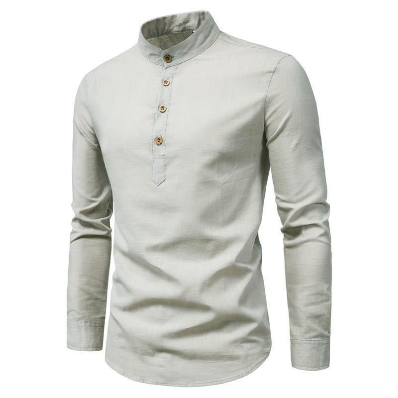 Camisa de manga larga de algodón y lino camisa de cuello alto de color liso - MXbueno