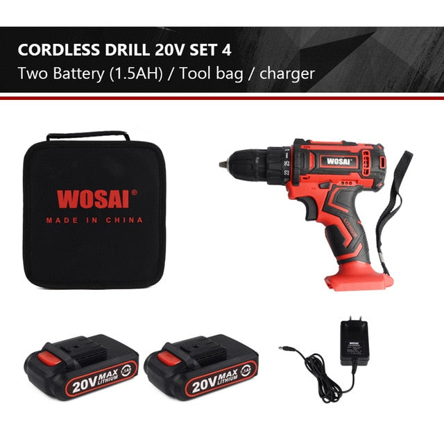 WOSAI New 20V Cordless Drill Electric Screwdriver Mini Wireless Power Driver DC Lithium-Ion Battery 3/8-Inch 2 Speed 4.8